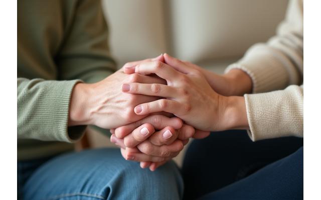 Person thoughtfully comforting an elder, with supportive hands around them