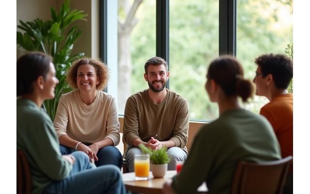 Diverse group of adults in a supportive circle, smiling and engaging in conversation