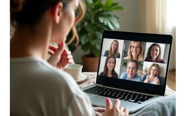 Woman sharing her experience in a menopause support group, others listening empathetically