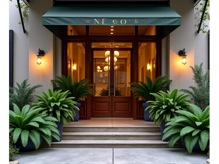 A serene and inviting front entrance of Nectar Grove's New Orleans office, featuring lush plant decor and warm lighting, hinting at a calm wellness space.