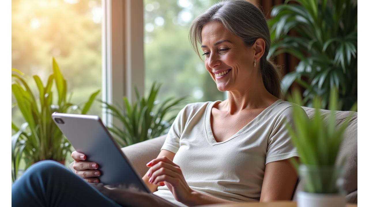 Woman comfortably reading an article on a tablet with natural light and healthy green plants around her, embodying a peaceful, engaged wellness journey.