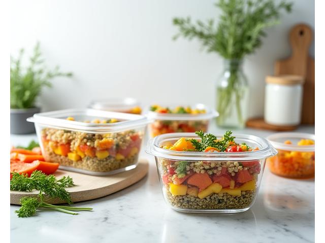 Vibrant, balanced meal prep containers laid out on a clean kitchen counter, emphasizing easy, healthy eating.