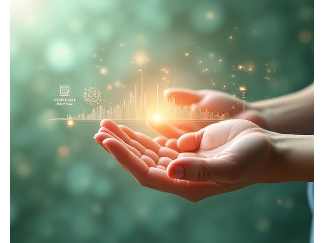 Illustration of a person engaging with a digital health monitoring dashboard, showing heart rate and other vital signs.