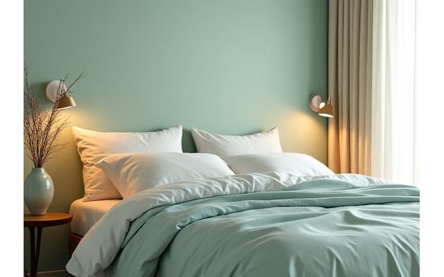 A peaceful, minimalist bedroom setup with soft lighting, promoting restorative sleep and better rest strategies.