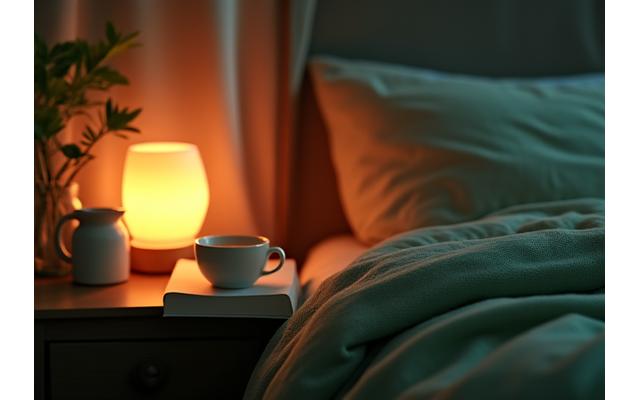 Peaceful bedroom setting with soft lamplight and a book, signaling relaxation.