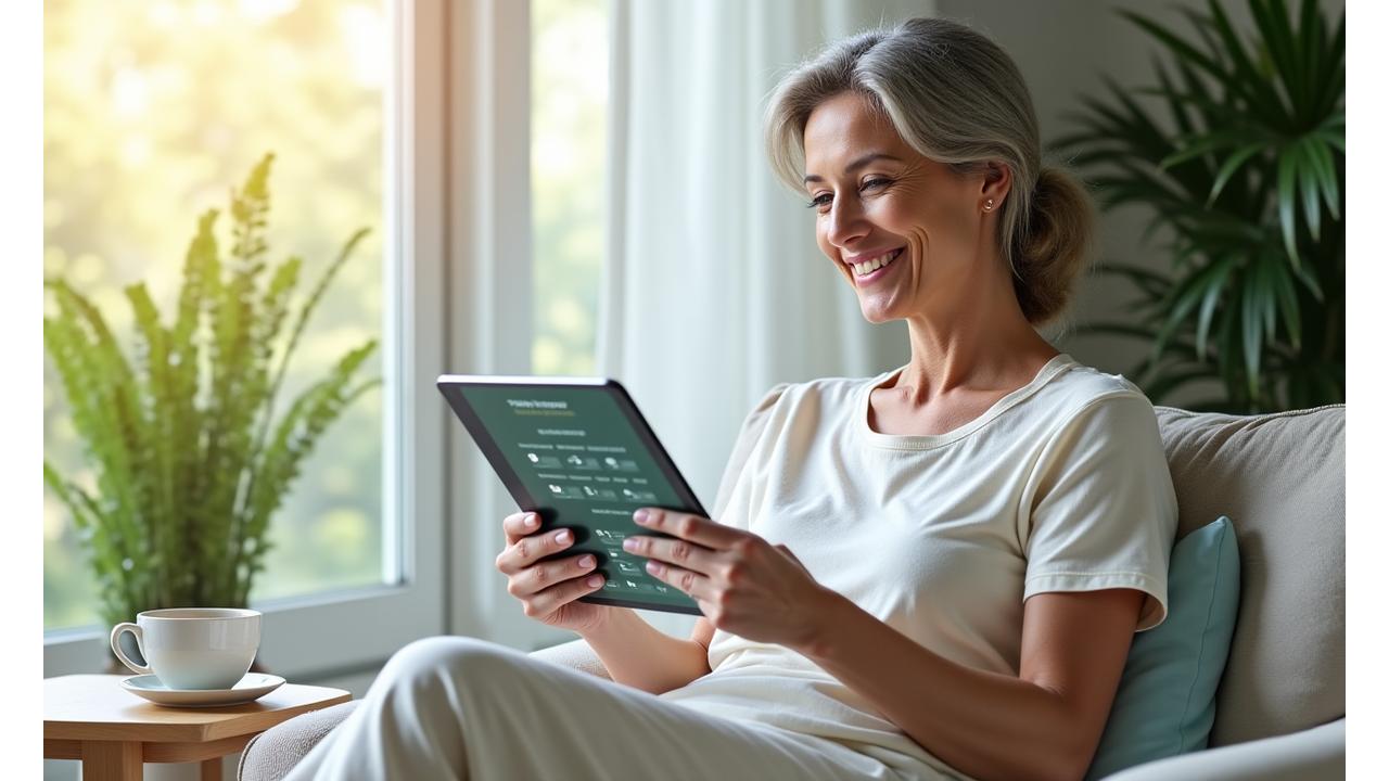 Woman interactively using a tablet to assess her wellness, surrounded by subtle, natural wellness elements.