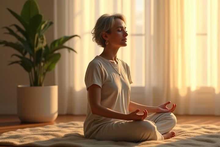 Woman meditating in a serene environment with soft lighting