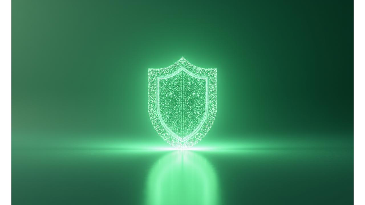 Abstract illustration of a digital shield protecting data, with soft green and gold tones