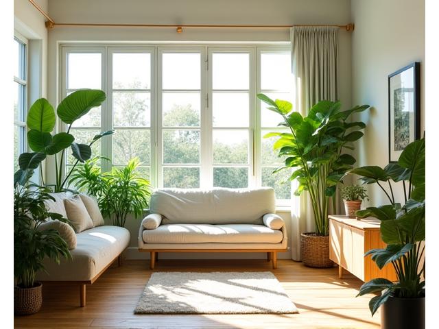 A modern, airy living room with numerous indoor plants, natural light, and eco-friendly furniture.