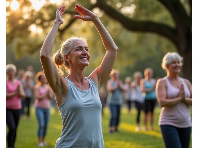 A group of diverse adults practicing outdoor yoga in a New Orleans park, surrounded by lush greenery and historical architecture faintly in the background.