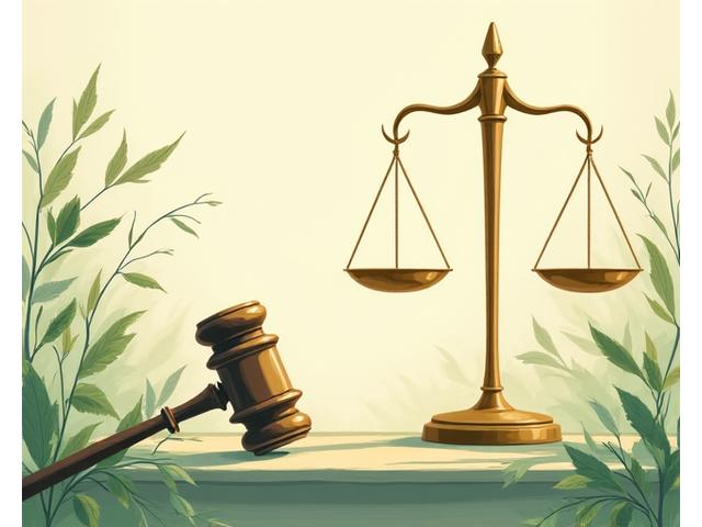 Stylized image of a gavel and scales of justice, intertwined with organic plant motifs, representing legal protection and balance within the Nectar Grove context.