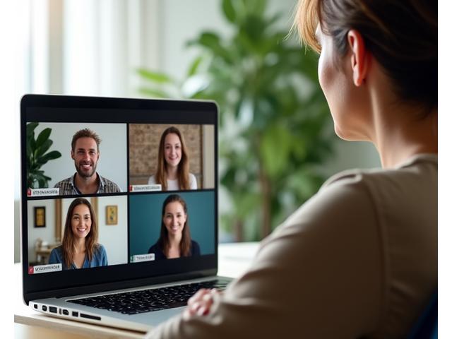 A diverse panel of wellness experts (nutritionist, personal trainer, mindfulness coach) engaging in a live online Q&A session, projected onto a screen, with an adult user actively participating from their computer.
